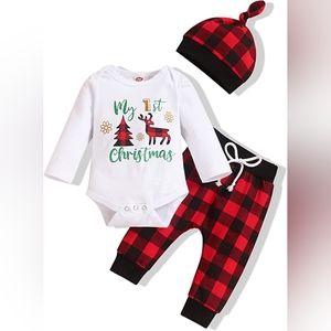 Handmade 6-9M,Baby Christmas Outfit, My First Christmas,  Reindeer Red Plaid